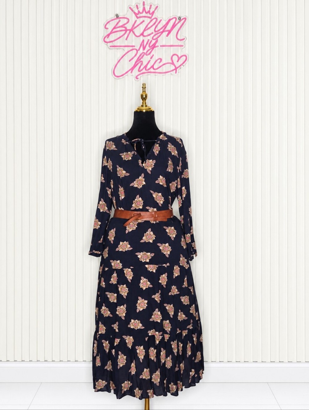 LOFT Navy Floral Long Sleeve Dress with Brown Belt Accent